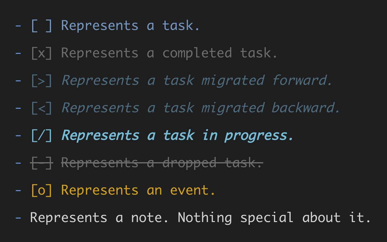 Default highlighting for Bullet Journal symbols